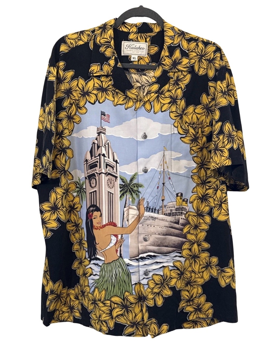 Kalaheo Hawaiian Shirt XL Hula Girl Aloha Harbor Ship Scenic Floral Button Up